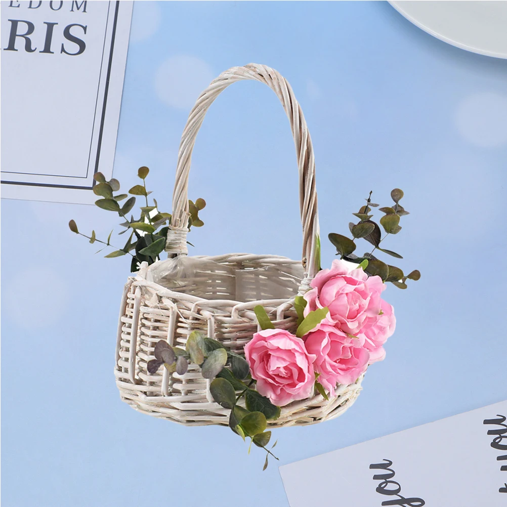 

1pc Flower Girl Rattan Woven Flower Basket For Wedding Petals Candy Holder Bridal Party Graduation Event Decorative Tote Storage