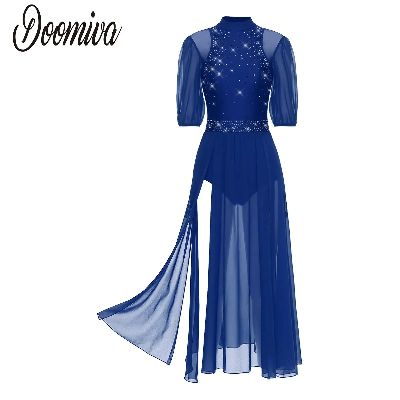 

Women Slit Mesh Hem Lyrical Dance Dress Half Sleeve Sparkly Rhinestones Leotard Dress Ballet Modern Contemporary Dance Costume