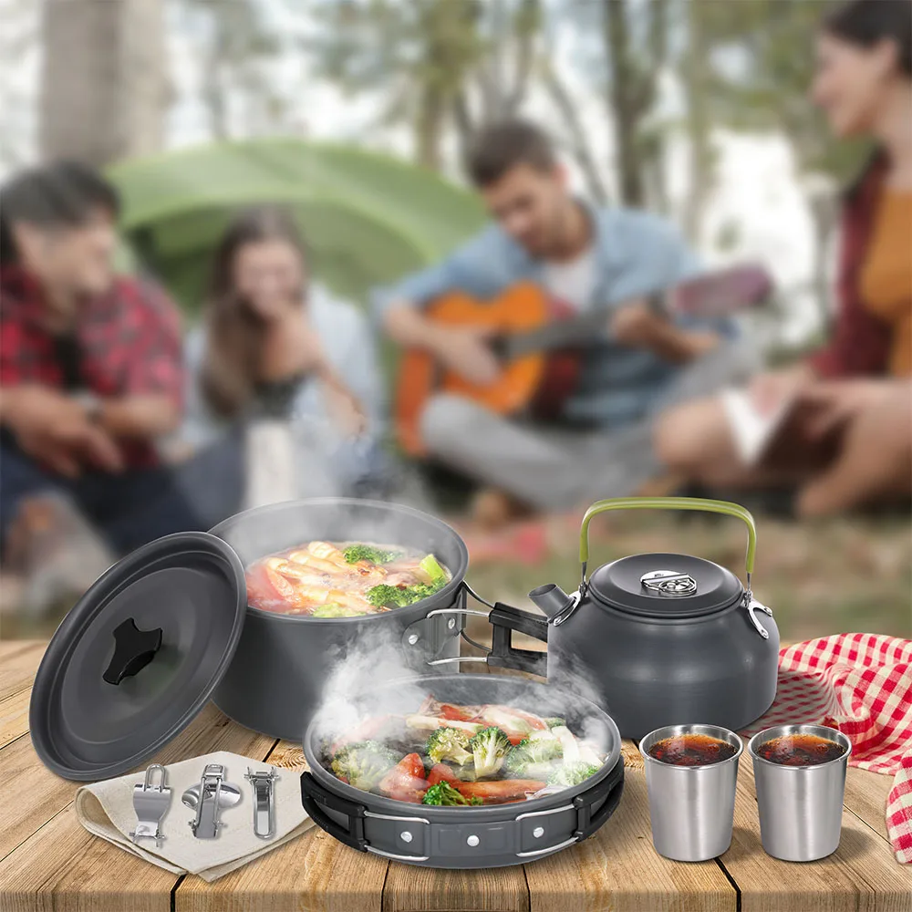 Camping Cookware Set Lightweight Portable Pan Kettle Cups Spoon Fork Cutter for Picnic Hiking Cookware Tourist Cookware Utensils