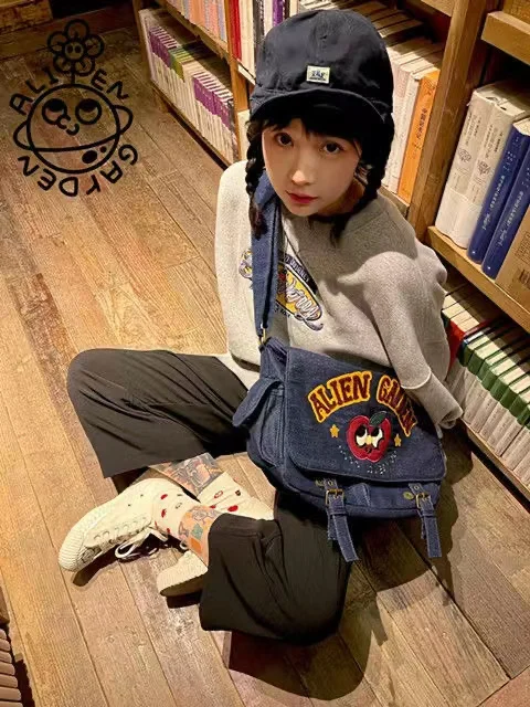 APPLE LOVE YOU cute japanese cartoon Kawaii Canvas Denim Bag High capacity messenger bag women\'s bag  handbag storage bag