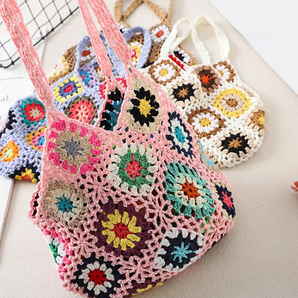 Bohemian Crochet Ladies Shoulder Bags Knitted Multicolor Hollow Tote Bag Retro Casual Knit Tote Bag Summer Beach Bag