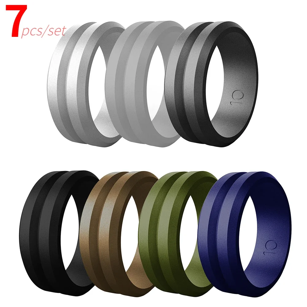 7pcs/set Fashion Silicone Rings 8mm V-groove Men Sports Casual Wedding Rubber Bands Hypoallergenic Flexible Silicone Finger Ring