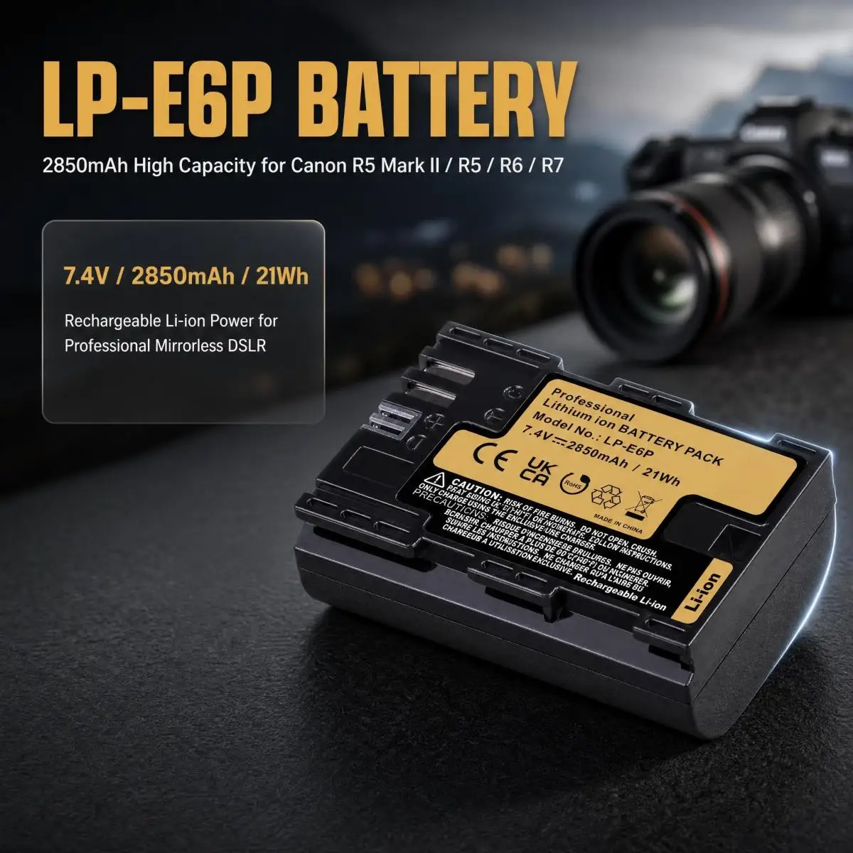 LP-E6P 7.4V 2850mAh Rechargeable Li-ion Replacement Battery for Canon EOS R5 Mark II R5 R6 R7 Mirrorless DSLR Camera