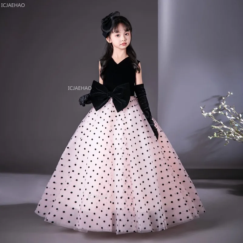 Kids Girls Black Velvet Model Show Party Formal Wear Princess Dress for Piano Violin Performance Pageant Evening Gown Children