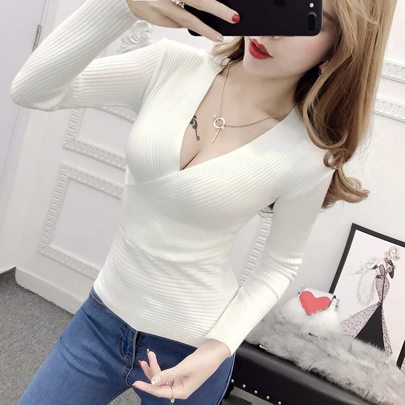 Sexy Deep V Neck Sweater Women 2024 New Womens Clothing Slim Bottoming Large Elastic Knitwear Rib Cotton Long Sleeve Top Jerseys