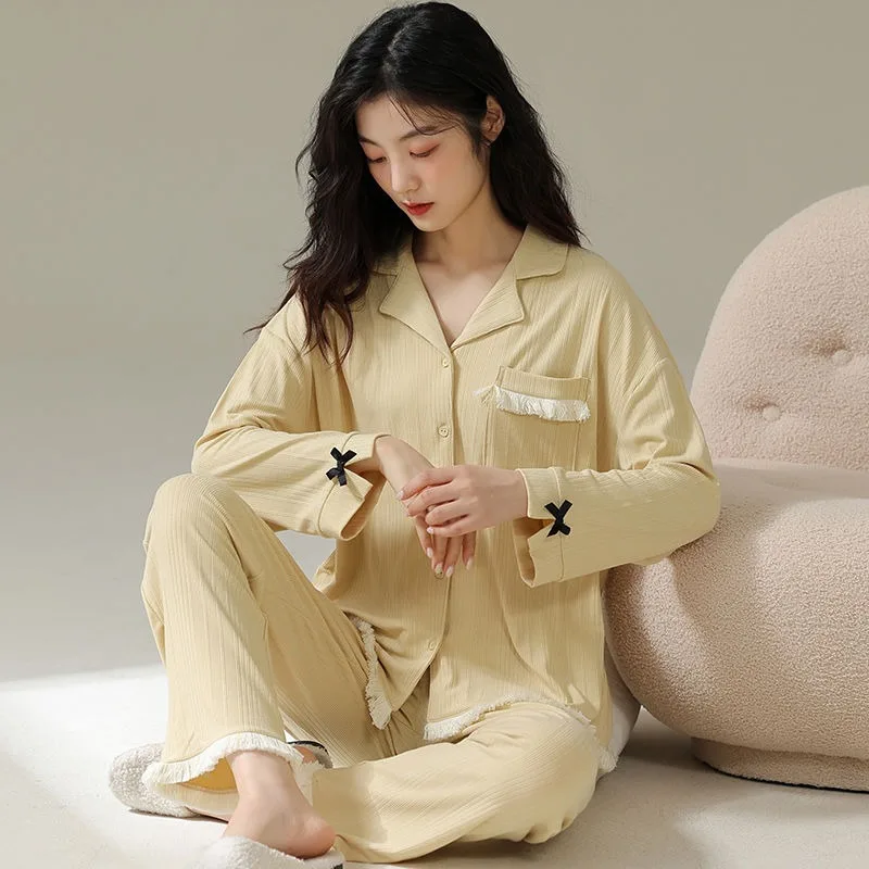 2024 New Female Pajamas Spring Autumn Women Casual Cardigan Long Sleeve Loose Cotton Sleepwear Set Simple Sweet Home Wear Suit