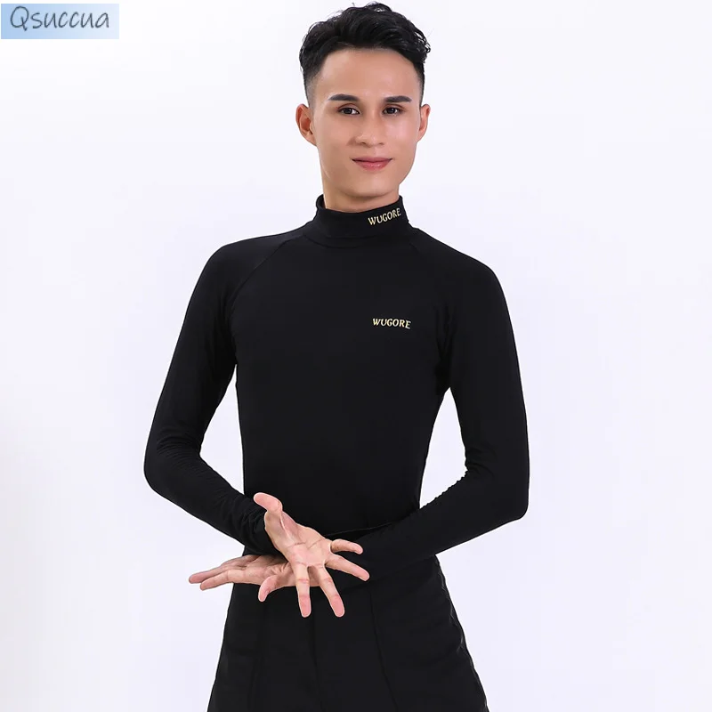 Men\'s Latin Dance Tops Adult Practice Clothing Modern Dance Long-Sleeved National Standard Dance Round Neck Turtleneck V-Neck