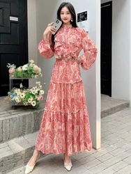 New Spring Autumn Women Long Sleeve Belt Slim Long Dress Elegant Retro Print Sweet Ruffles Patchwork Big Hem Chiffon Dress