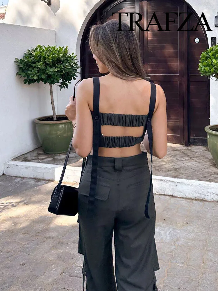 TRAFZA Summer Fashion Women 2 Pieces Set Sexy Sleeveless Backless Strapless Tops+Pockets Bandage Trousers Pant Suits Streetwear