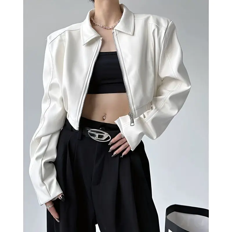Y2k Black New PU Leather Jacket Cropped Jacket Long-sleeved Top Motorcycle Jackets Design Loose Streetwear Coat Trendy Vintage