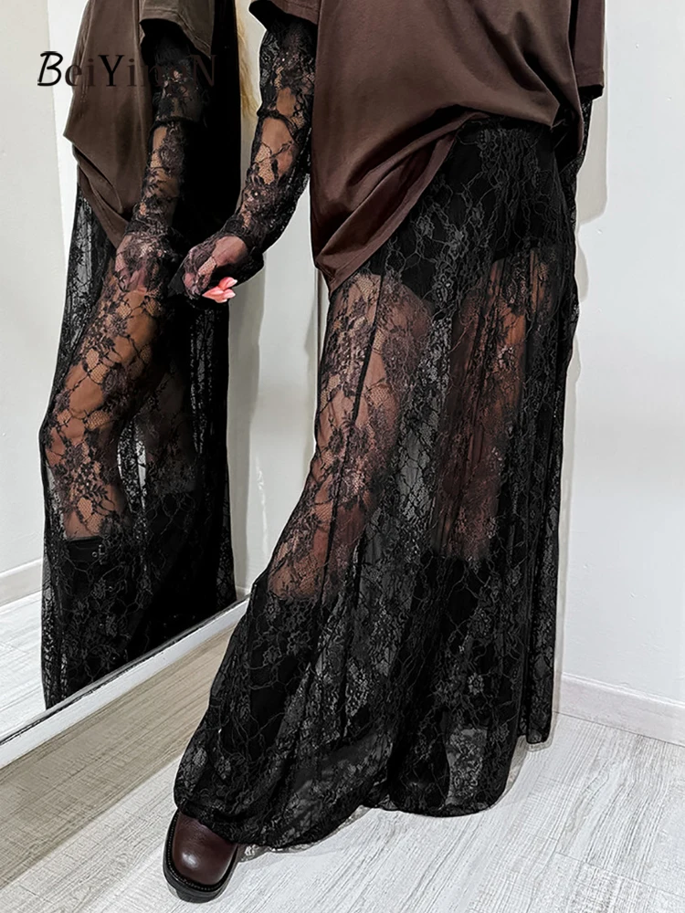 

Beiyingni Sexy Y2K Lace Maxi Skirts Women Perspective White Black Streetwear High Waist A-line Long Skirt Female French Faldas