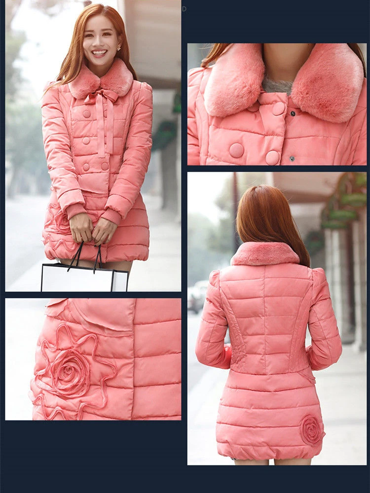 2025 Winter Women Jacket New Slim-Fit Thick Warm Belt Fur Collar Mid-Length Cotton-Padded Coat