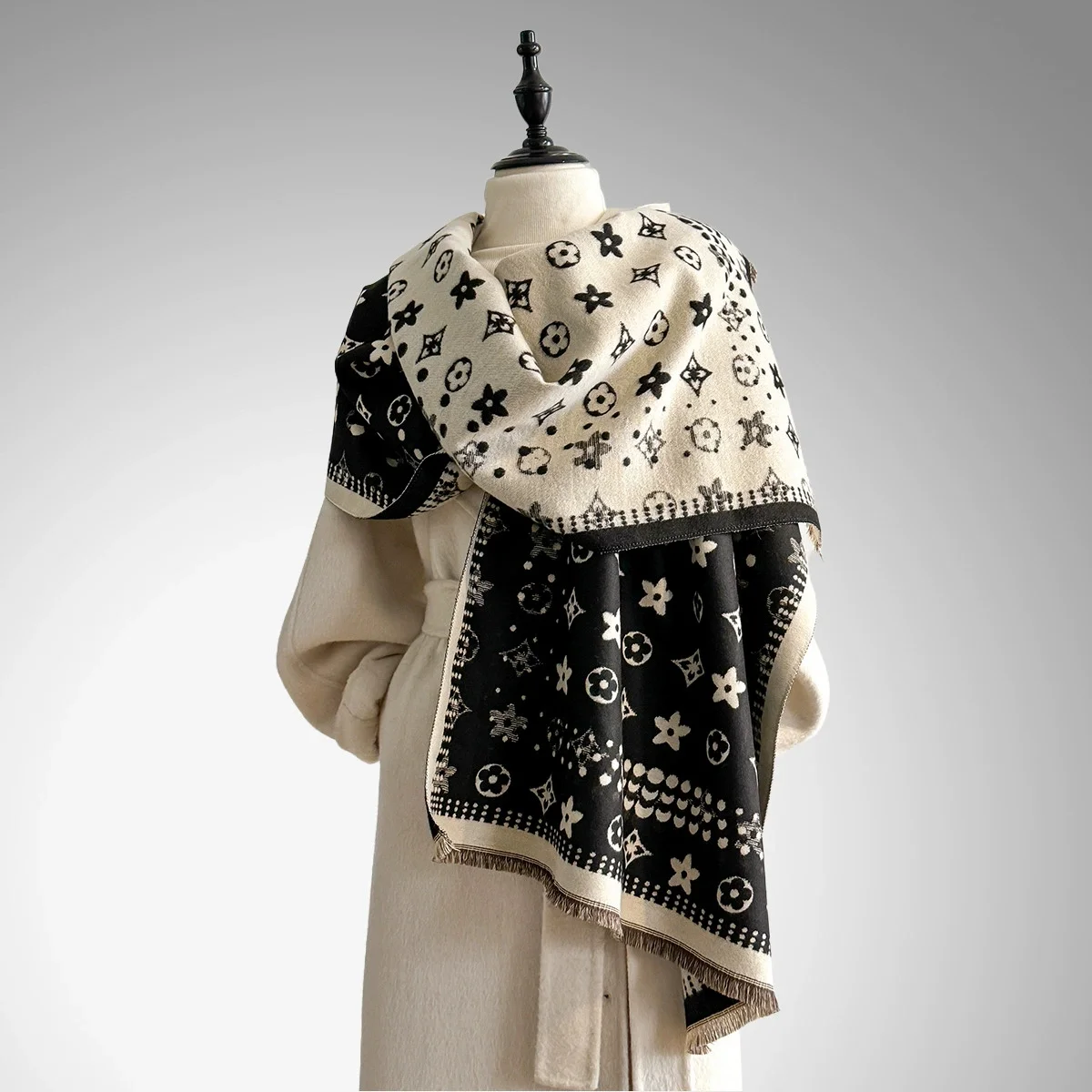 

2025 Новый роскошный женский двусторонний шарф из пашмины с цветочным принтом - мягкая теплая зимняя уличная морозостойкая ветрозащитная шаль