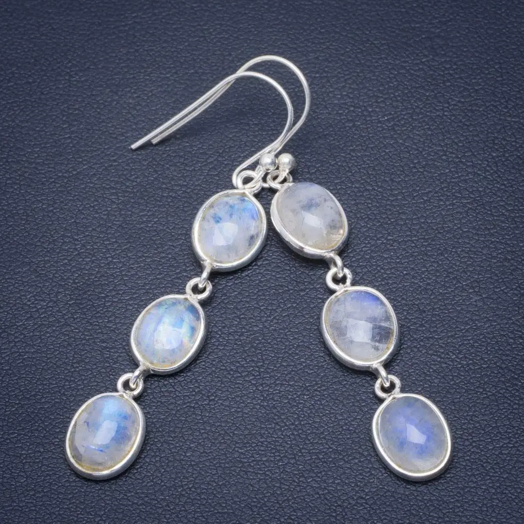 StarGems® Natural Rainbow Moonstone Handmade Unique 925 Sterling Silver Earrings 2