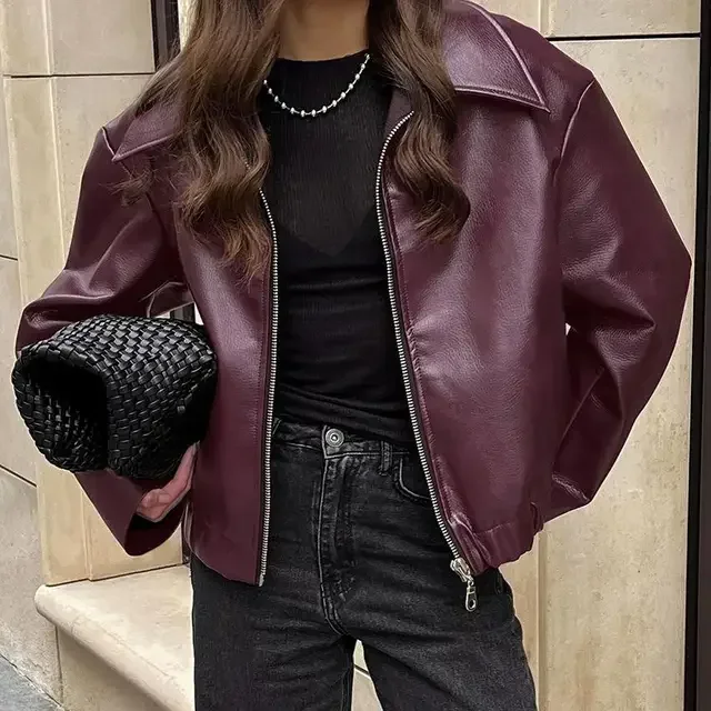 Veste en cuir monochrome pour femme, col rabattu, manches longues, poches, fermeture éclair, combat court, streetwear chic, vêtements d'extérieur pour femme, nouveau