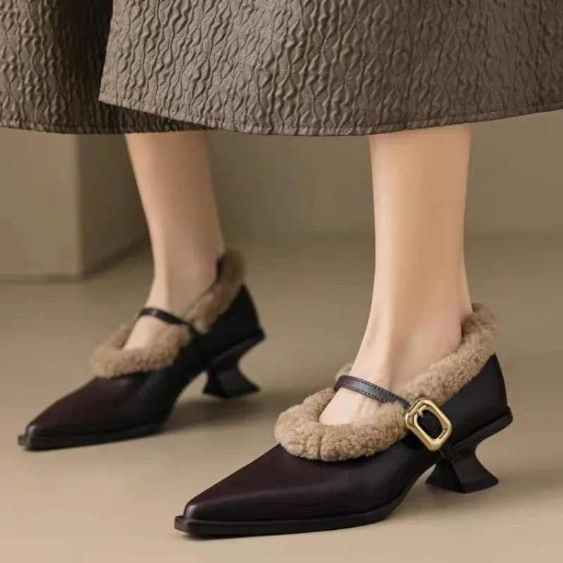 2024Elegant Metal Buckle Mary Janes  Chic  Brand Design Fur Low Heel Dress Shoes Ladies Winter Warm Plush Belt Pump Zapatos