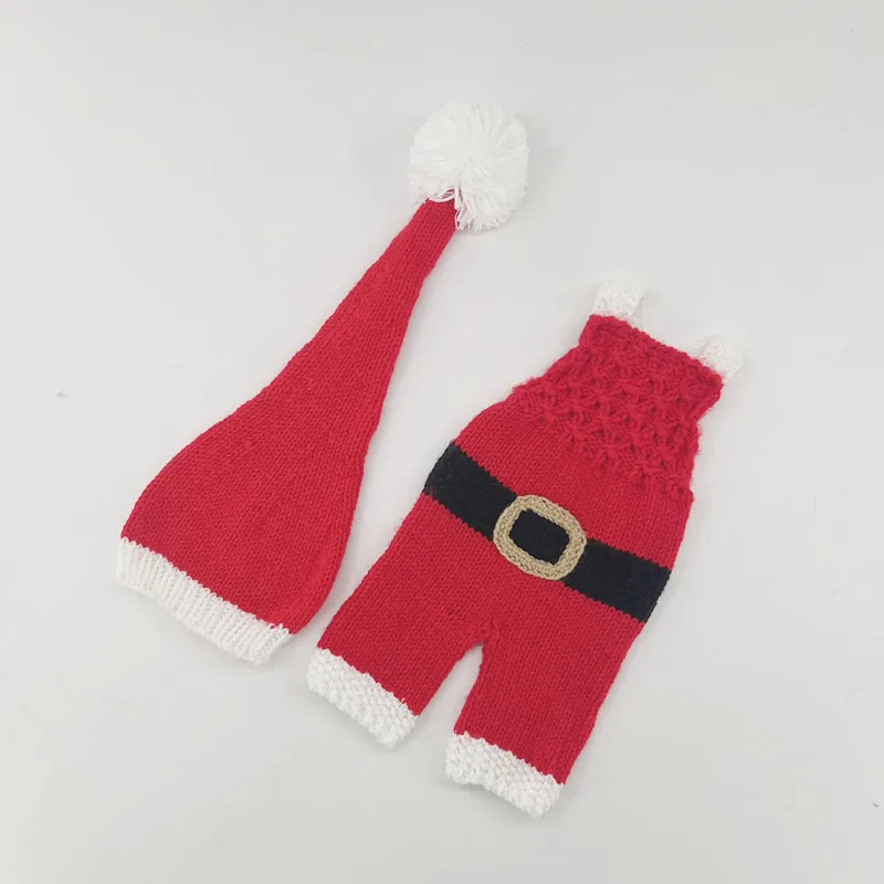 ❤Aksesori perlengkapan foto bayi, pakaian Natal topi rajut + Suspender 2 buah/set, aksesori kostum Santa Claus