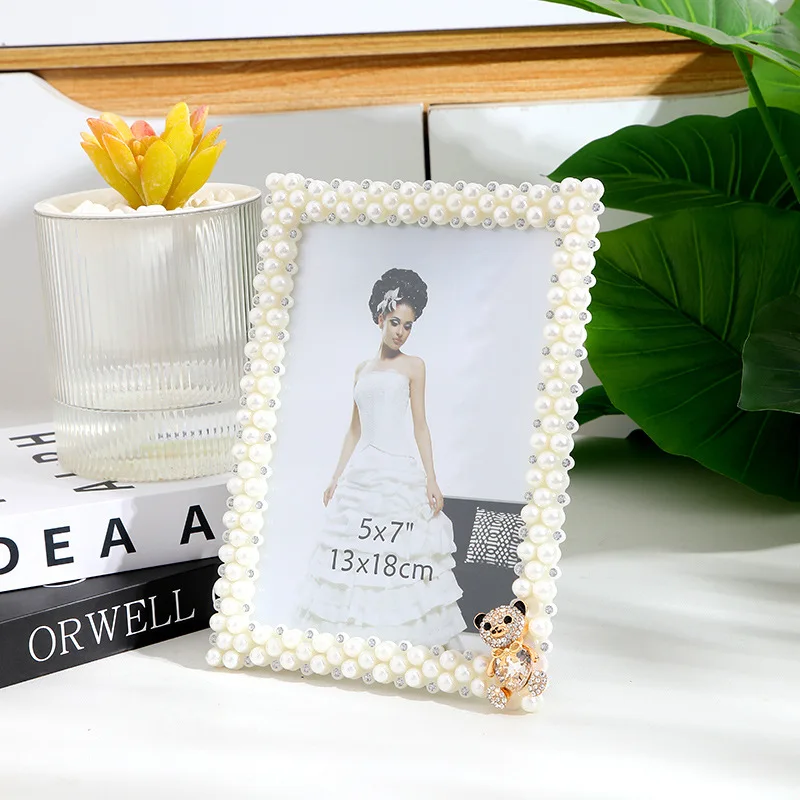 Hot Selling Newest 3/7 Inch Plastic Frame Inlaid Pearl Glass Wedding Photo Frame Birthday Gift Item Picture Desktop Frame