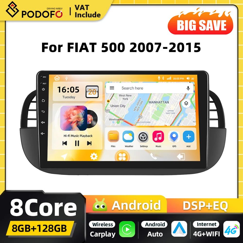 Podofo Qualcomm 8-Core Carplay 2DIN Lettore multimediale per auto Android per FIAT 500 2007 2008-2015 Navigazione GPS DSP WIFI FM RDS BT