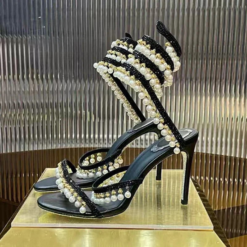 Women Tassels Rhinestone Decor Thin High Heels Sandalias Ankle Snake Shaped Strap Entanglement Sandals Summer Party Dress Shoes