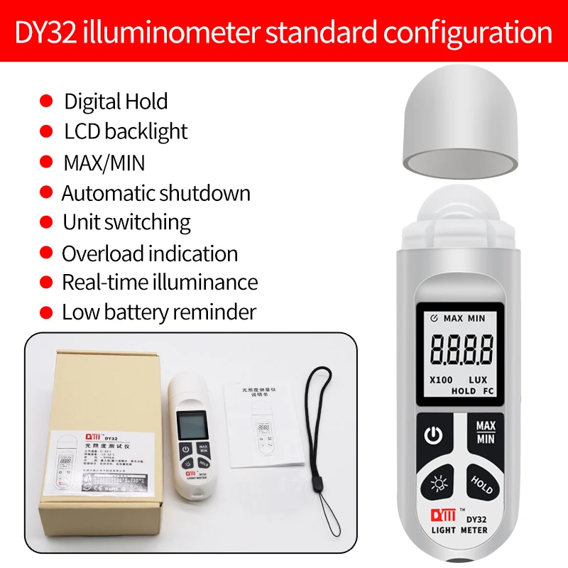 DY32 Digital Illuminance Meter Light Meter Handheld Lux Tester LCD 0-200,000 Lux/Fc Pocket Luxmeter Photometer Grow Plants