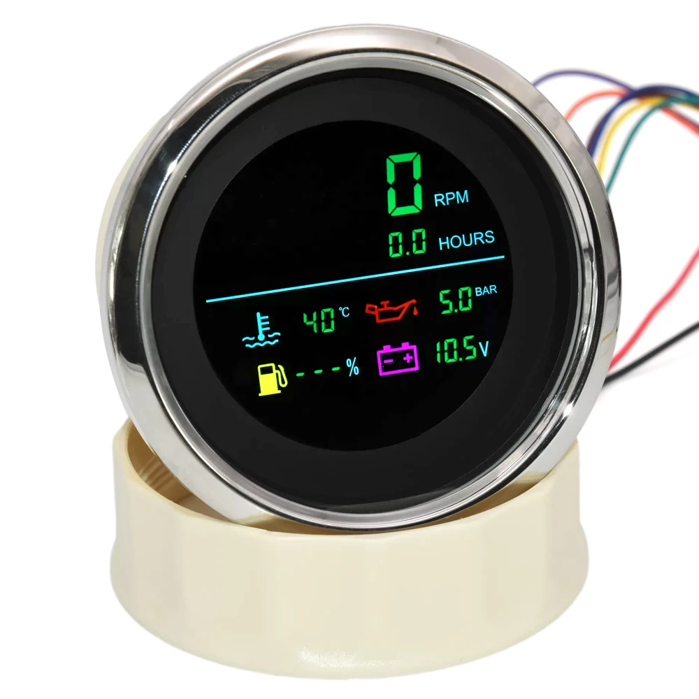 New 6 In 1 85mm LCD Multi-Function Tachometer Fuel Gauge Water Temperature Oil Pressure 0-10 Bar Sensor For Boat Car Customized