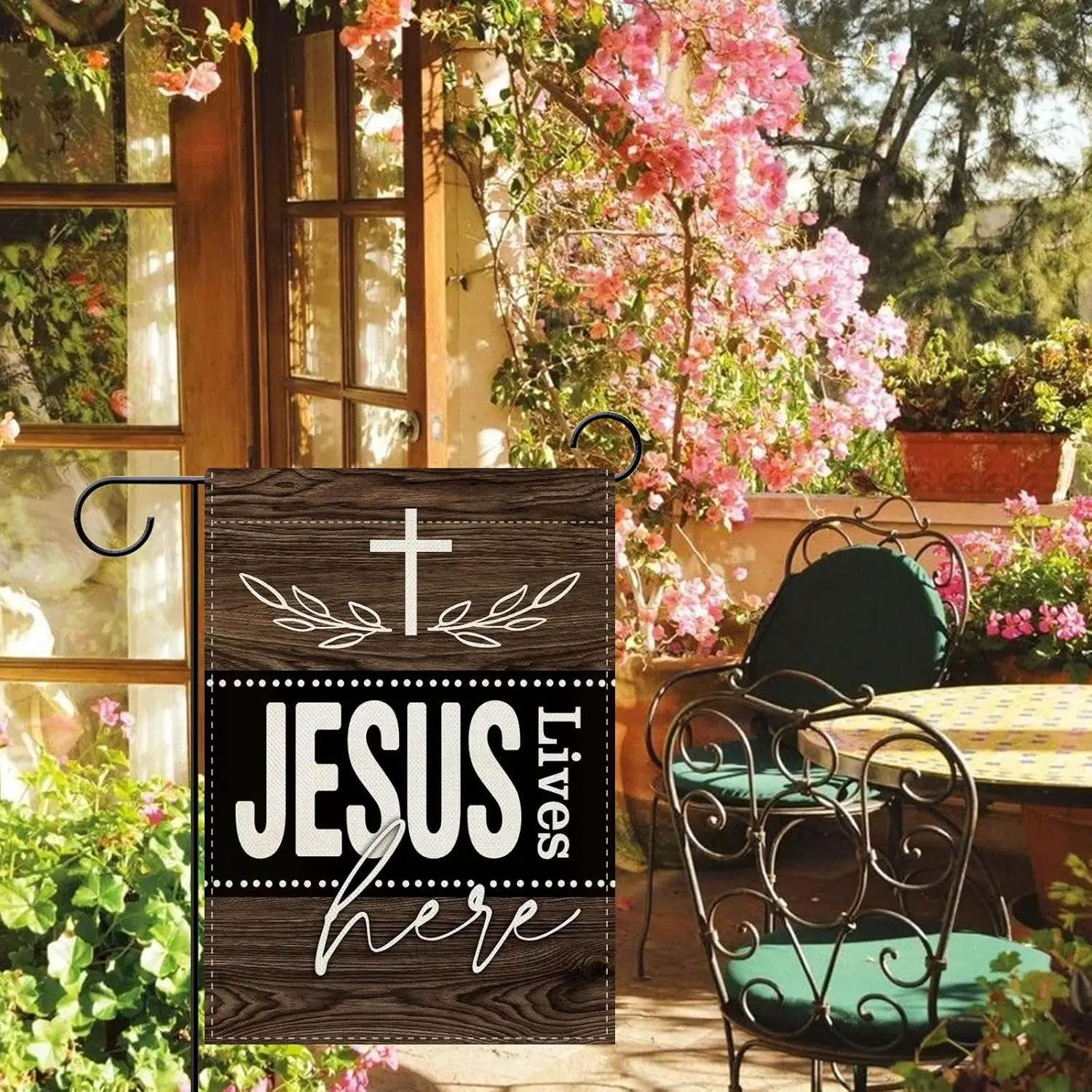 Dyrenson Christian Jesus Lives Here Decorative Garden Flag, Religious Cross jaa