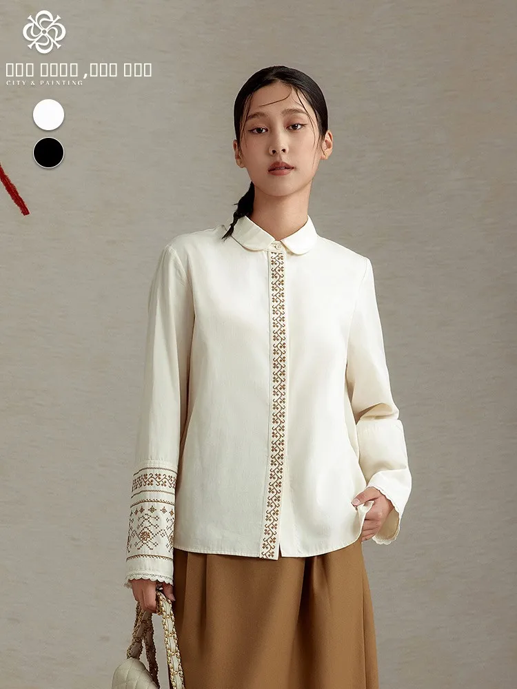 

Casual Loose Fit Slimming irt Simple Turn-down Collar Design Commute Sle off White Cotton Long Sve Women's irt