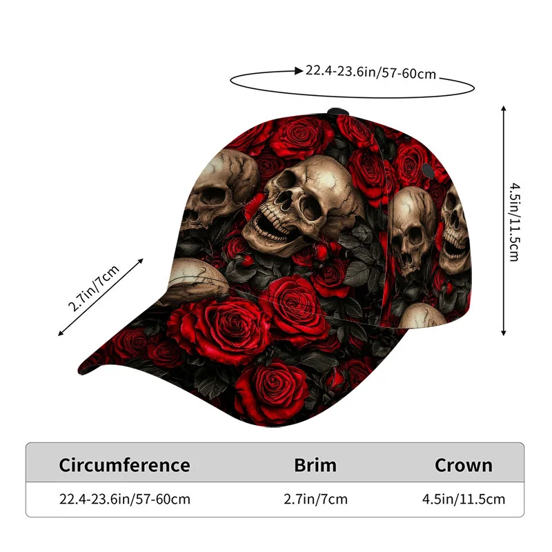 Customization 1pc Of A Classic Baseball Cap Featuring A Skulls And Red Roses Design - A Lightweight Adjustable Duckbill Hat, Per