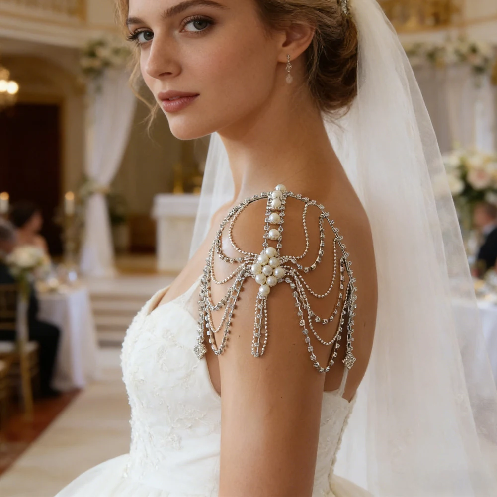 Multilayer Rhinestone Tassel Shoulder Chain Lingerie Accessories 2026 Fashion Round Pearl Bridal Body Chain Top Wedding Jewelry