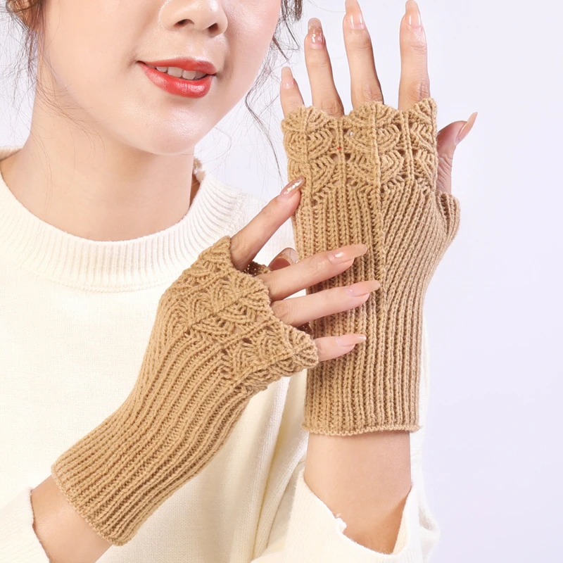 Winter Women Half Finger Gloves Stretchy Hand Wrist Arm Wamer Crochet Knitting Faux Wool Mittens Fingerless Solid Color Gloves