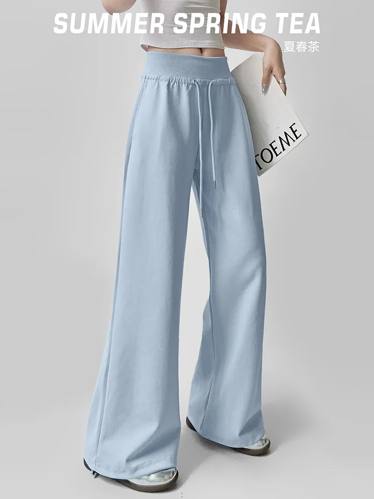 Luźne spodnie damskie z wysokim stanem i szerokimi nogawkami, letnie, codzienne, do ziemi, drapowane, w stylu lazy, streetwear, mieszanka bawełny.