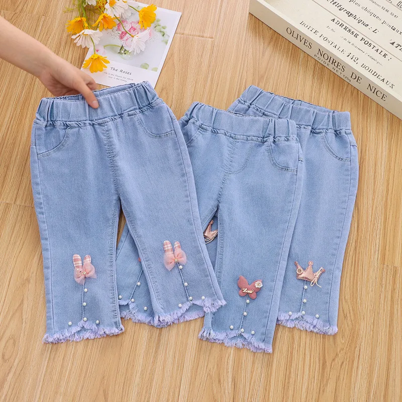 Kids Girl Jeans Cartoon Long Pants Summer Casual Trousers