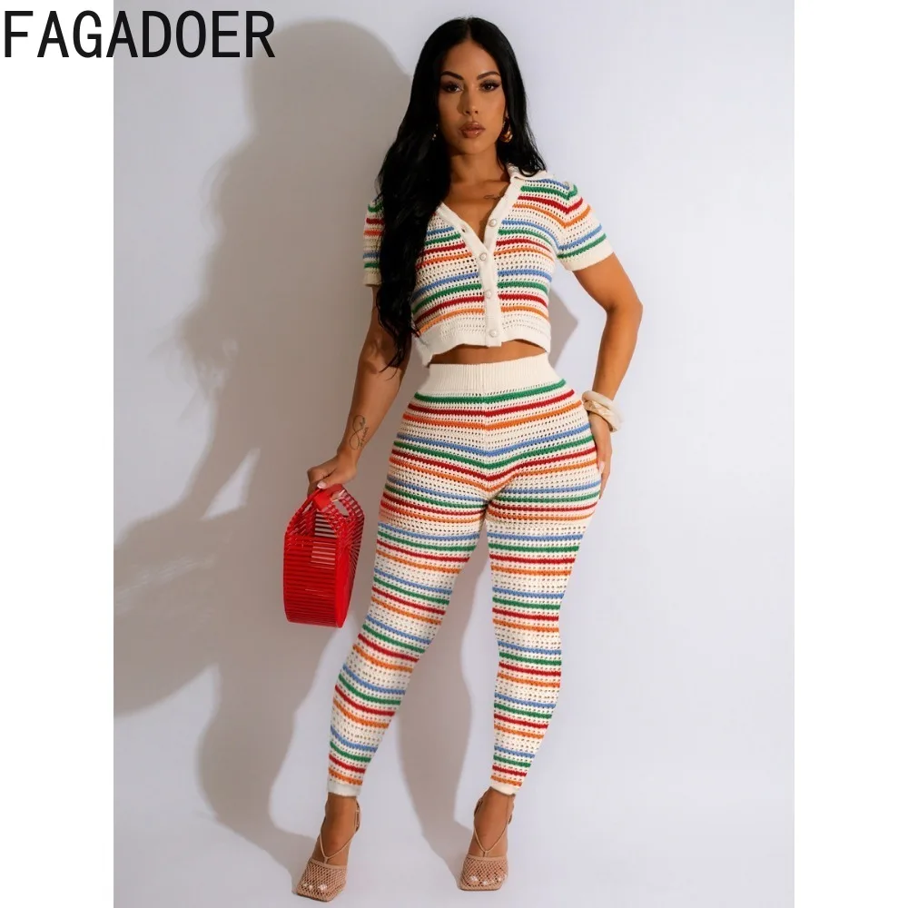 FAGADOER Fashion Color Stripes Knitting Two Piece Sets Women V Neck Short Sleeve Crop Top And Pants Outfits Female Streetwear