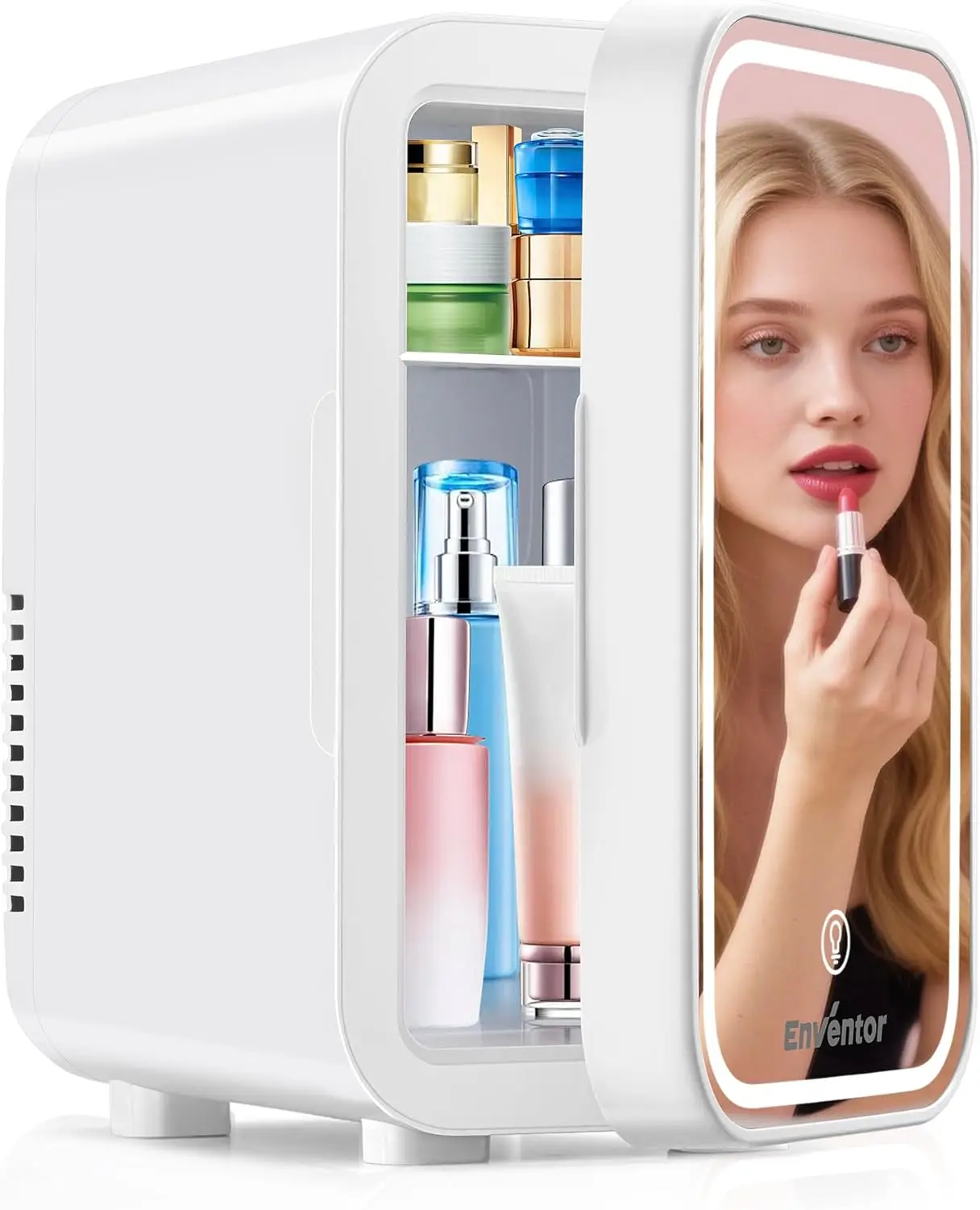 Mini Skincare Fridge with Dimmable LED Mirror, Compact Portable Cooler for Bedroom, Office, Car - White