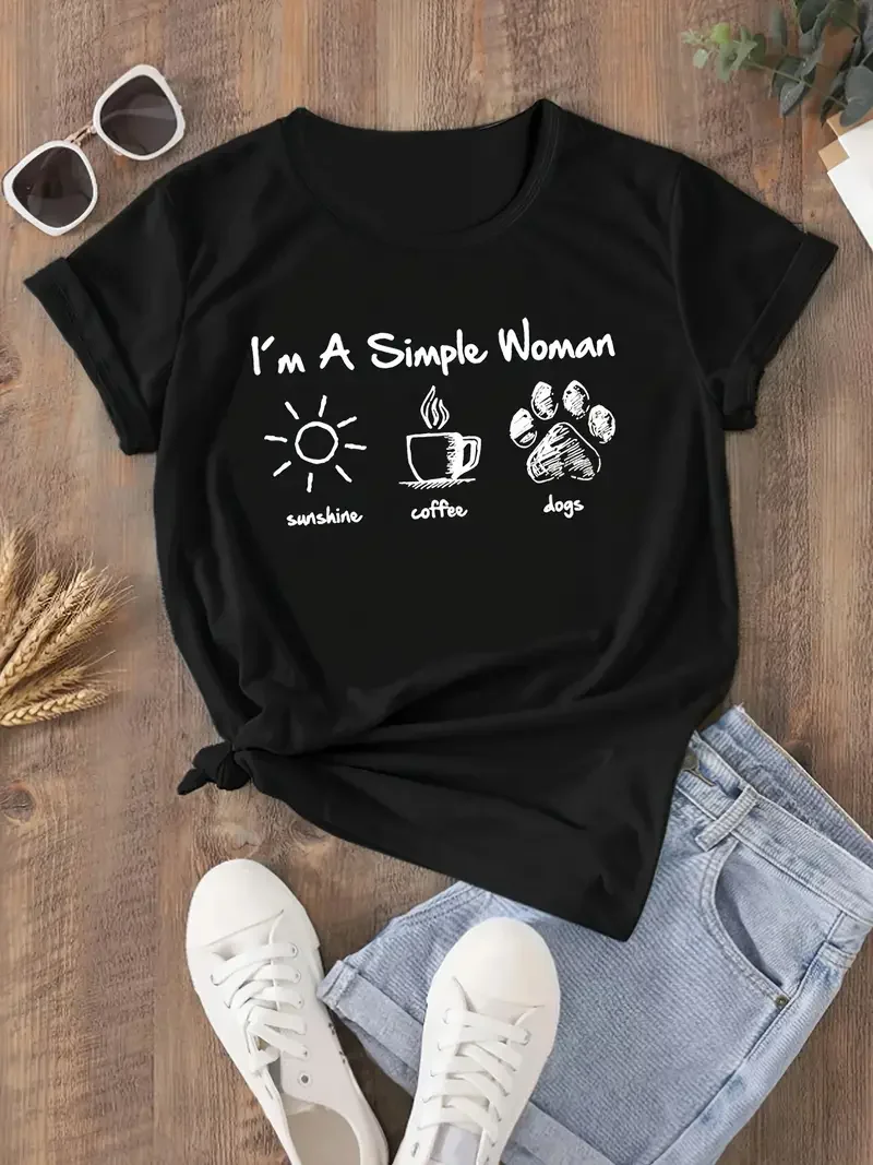 I Am A Simple Woman with Letters Sunshine Coffee Dog Pattern T-shirt Fun Cute Retro Women's T-shirt Fashion Casual Summer Top