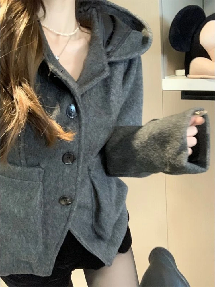 معطف كلاسيكي أنيق للسيدات موضة Y2k تصميم جيب هاراجوكو دافئ بقلنسوة ملابس خارجية على الموضة الكورية سترة أنيقة 2025 جديد #2