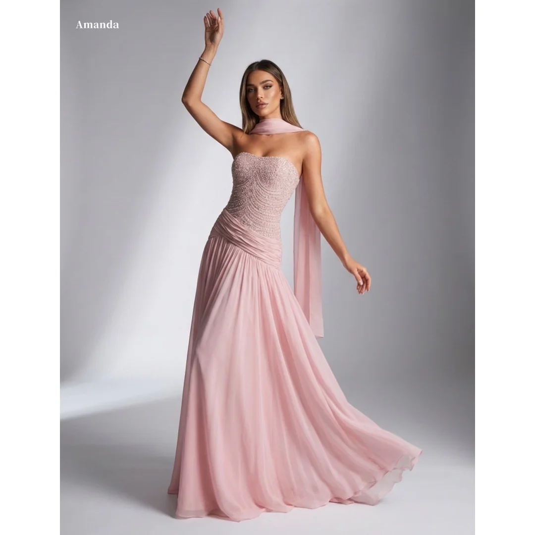 Amanda Customized Blush Pink Strapless Beaded Chiffon A-Line Formal Evening Prom Dress with Flowing Scarf vestidos de noche 2026