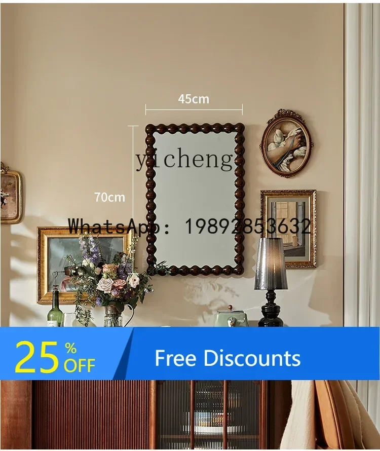 

American Retro Solid Wood Wall-Mounted Makeup Decorative Mirror Simple Hanging Wall Home Dressing Mirror