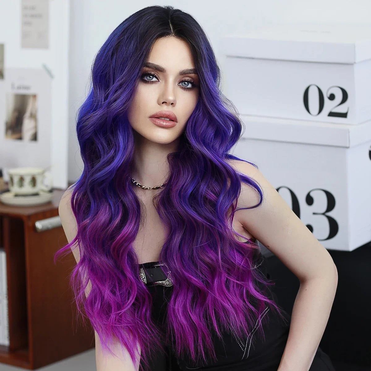 NAMM Lace Front Wig Synthetic Dream Blue Purple Highlights Long Wavy Wig for Women Natural Looking Lace Mid Split Wig