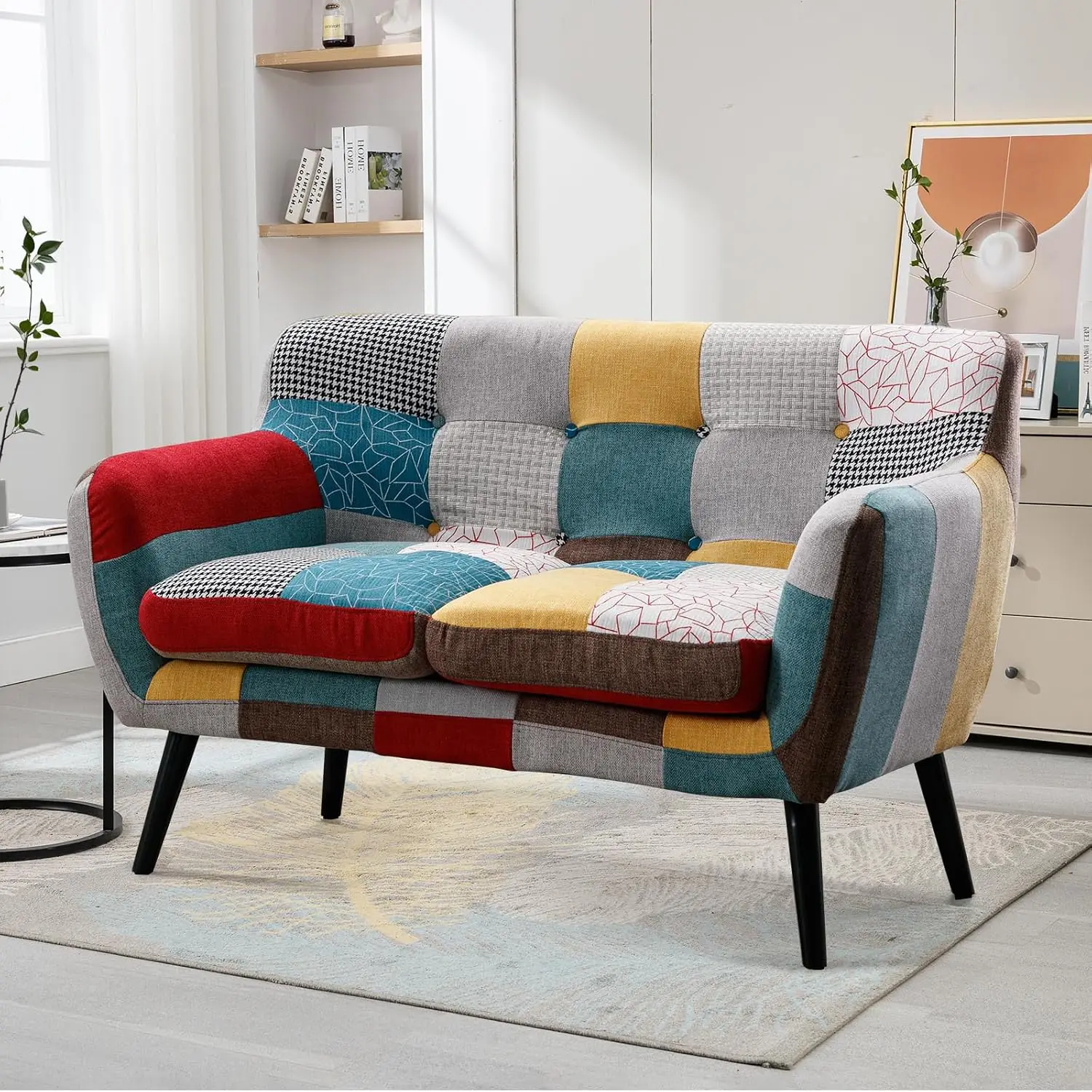 Modern Boho Loveseat Couch Sofa Chair for Living Room Bedroom, Upholstered Colorful Plaid Fabric 2-Seat Love Seat Sofa with Wood