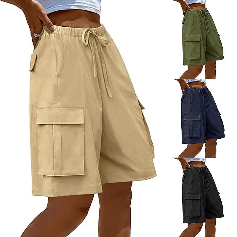 Summer Women Casual Cargo Shorts Loose Fit Comfortable Elastic Waist Short Pants