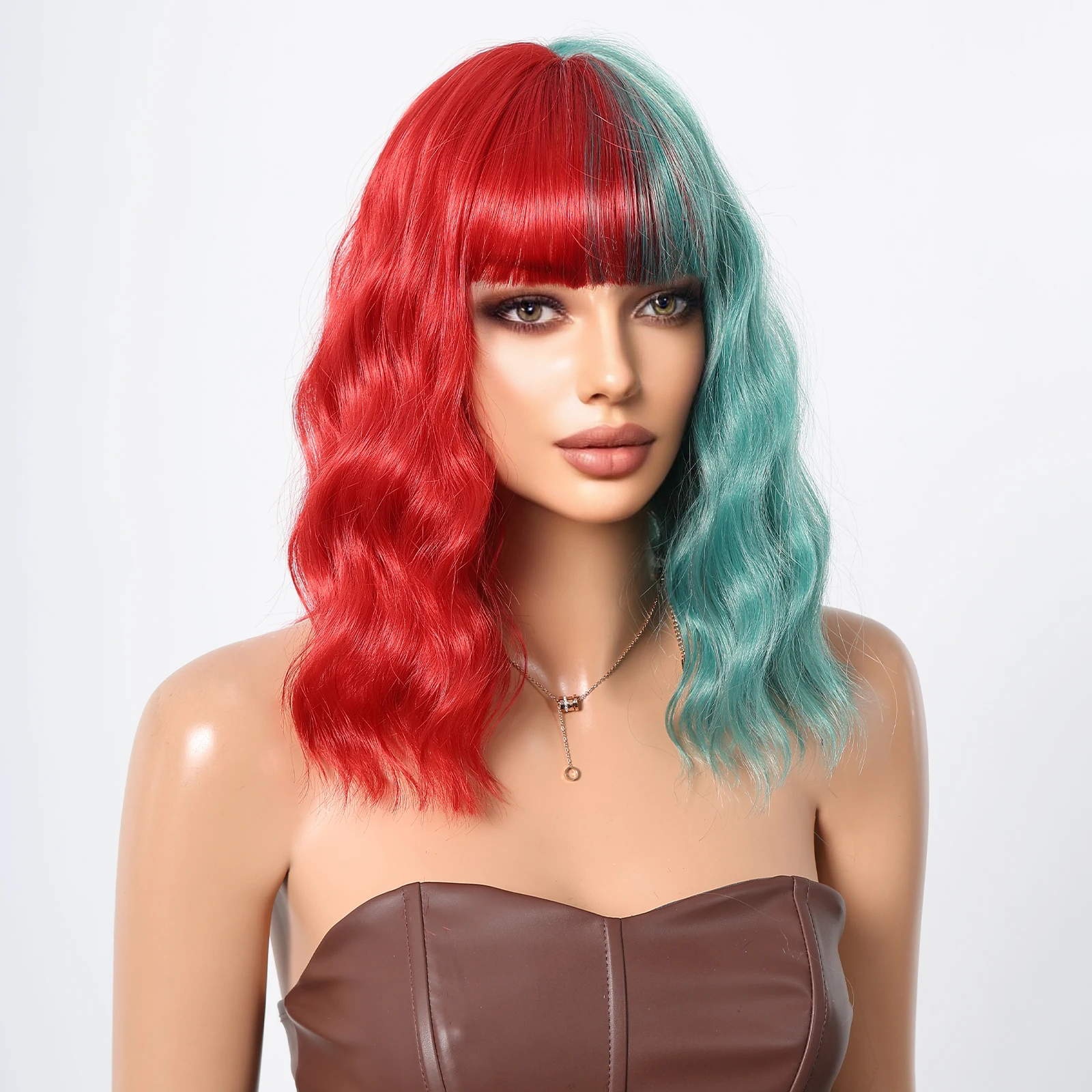 ALAN EATON Short Half red and half Green Wave Synthetic Wig Wig for Women Daily Cosplay Fake Hair High Temperature Fiber Wig