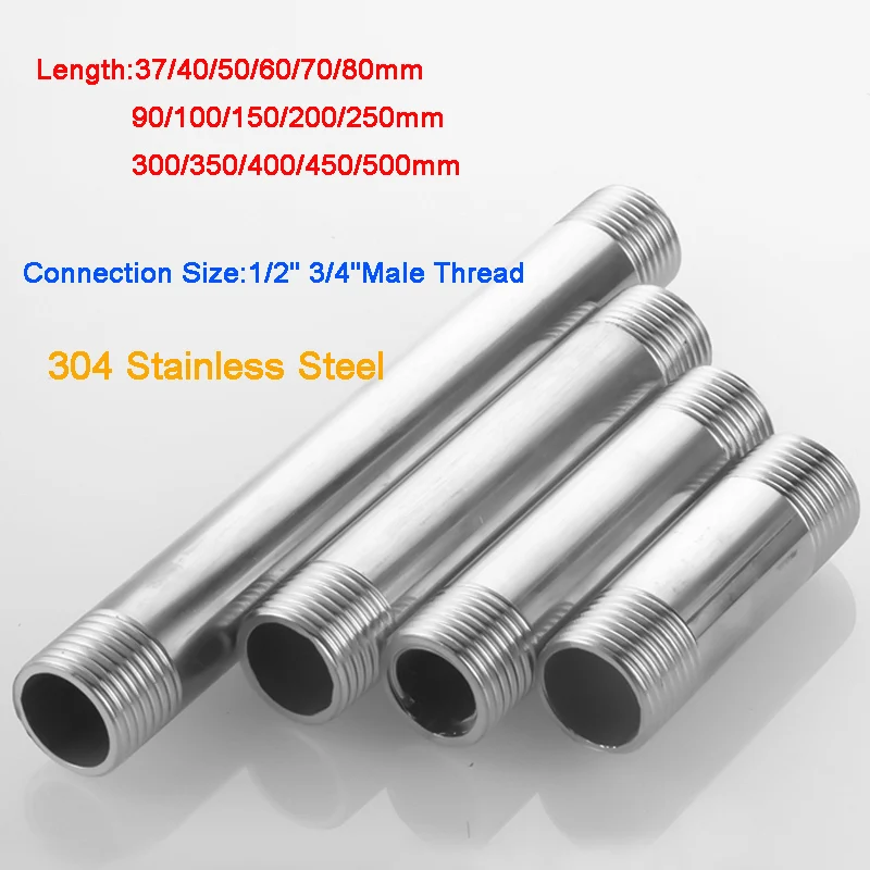 

1Pcs 304 Stainless Steel Double Male Thread Connector Pipe 1/2" 3/4" Extension Tube Male x Male Water Pipe Adapter Shower Rod