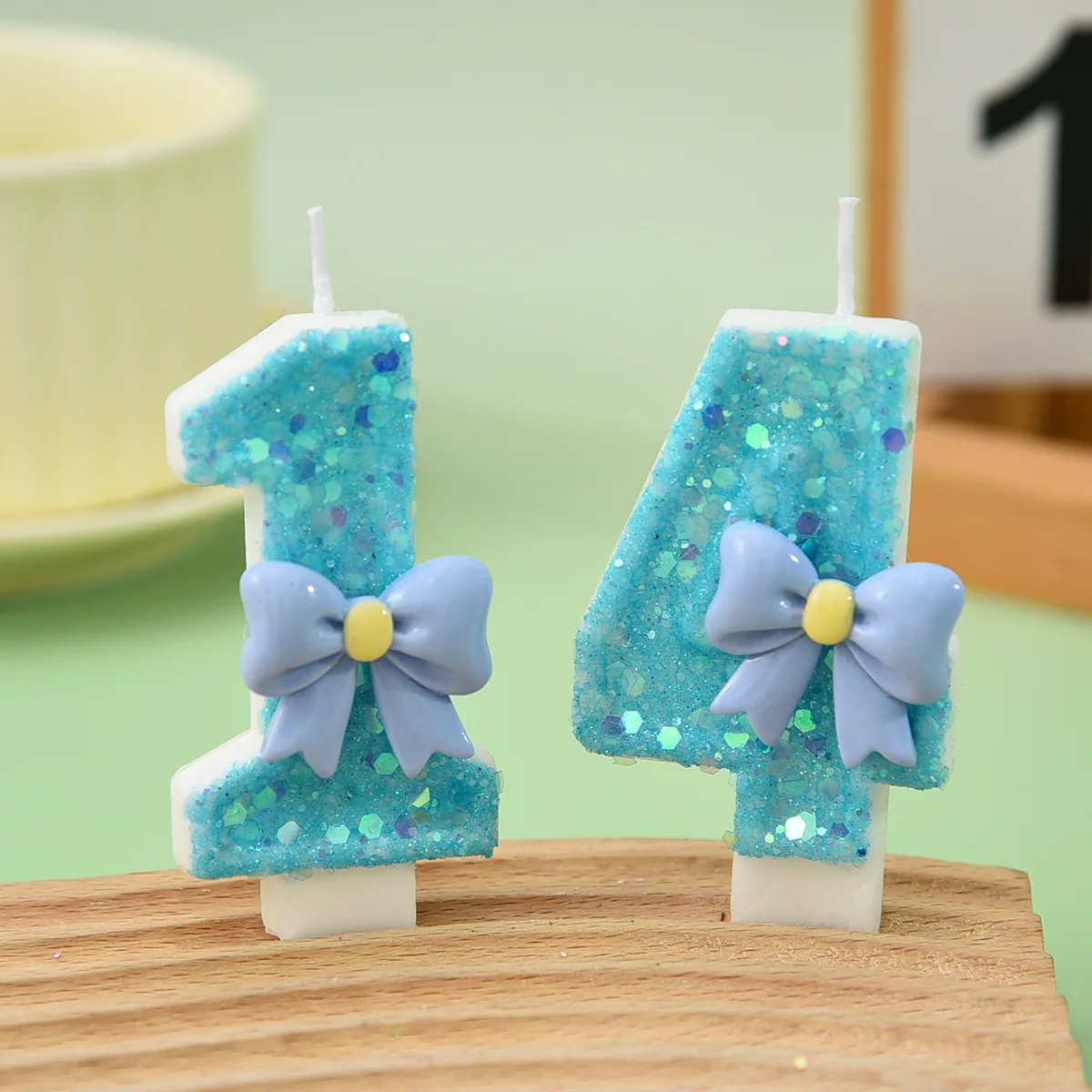Blue Bow Digital Candle Dessert Cake, Fresh Cyan Sequined Birthday Candle, Festive Party Atmosphere Decoration