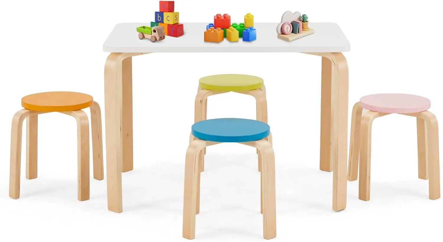 Stool Set - Toddler Table and Chair Set, White, Wooden Play Set for Children, 4 Stacking Stools, Sturdy Birch & Poplar Construct