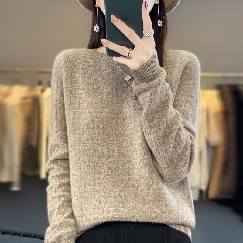 2024 Women Knitted Australian wool sweaters round neck Solid color plane Seamless integrated style High-quality waffle pullover