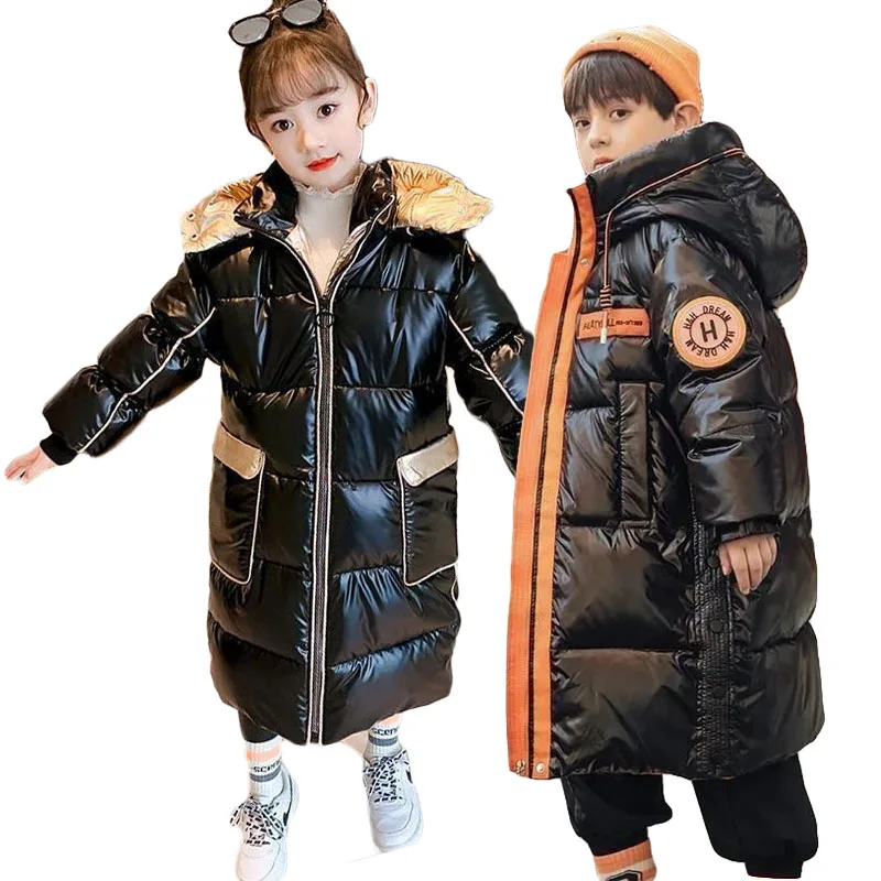 Winter Kids Warm Long Down Coats Girls Boys Thick Plus Velvet Jackets Teen Hooded Waterproof Parka Freezing Resistance Outerwear