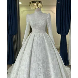 Elegant High Collar Wedding Dresses Long Sleeves Beads Sequined Ball Gowns Fashion Draped Court Train Luxury Bridal Dresses