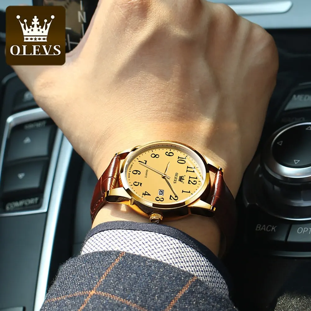 OLEVS Classic Quartz Watch for Men Brown Leather Strap Watch With Date Feature Digital Dial Waterproof Business Man Wristwatch